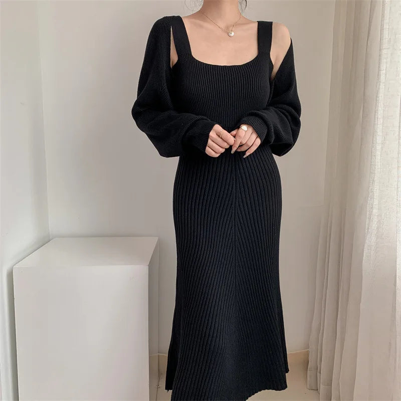 Elegant Sling Knitted Solid Color Dress + Sweater Coat Jacket Autumn and Winter New Knitted Cardigan Outer Wear Women's Suit