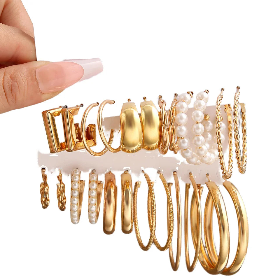 Bohemia Style Gold Pearl Acrylic Heart Butterfly C Hoop Earrings Set Women Shiny Zircon Twisted Geometric Stud Earrings Set