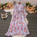 French Elegant Dress Korean Edition Gentle Style Lantern Long Sleeve V-Neck Waist Wrapped A-line Printed Chiffon Dress