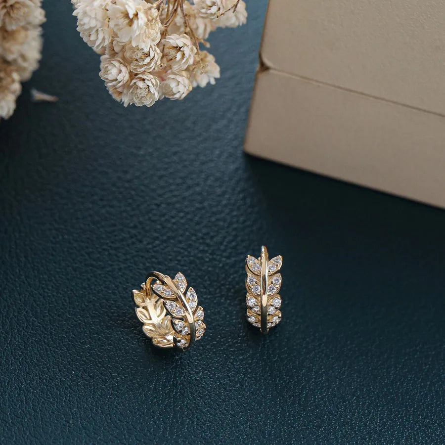 Hot Fashion INS 18K Gold Plating Pure 925 Sterling Silver Shiny Zircon Wheat Leaf Shaped Stud Earrings for Women Girls Gifts