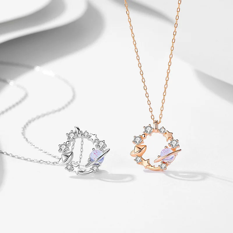 Romantic Milky Way Pendant Necklace Rose Gold Silver Star Colorful Planet Zircon 925 Sterling Silver Chain Necklace