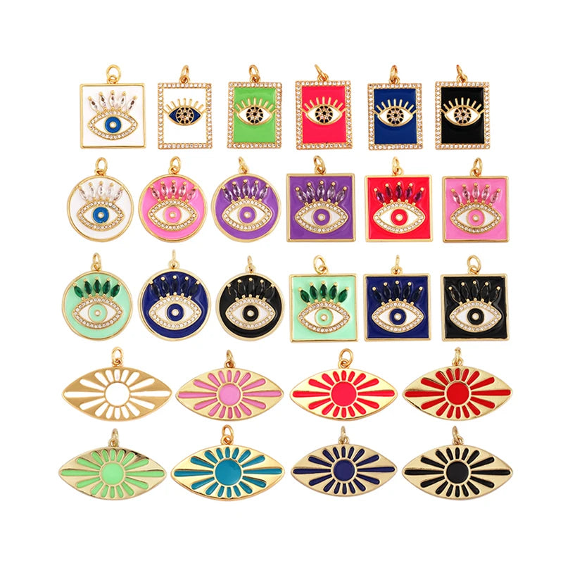 Oil Dropped Enamel Evil Eye Rectangle Square Round Oval Tag Geometry Charm Pendant18K Gold Zircon Necklace Bracelet Supply M91