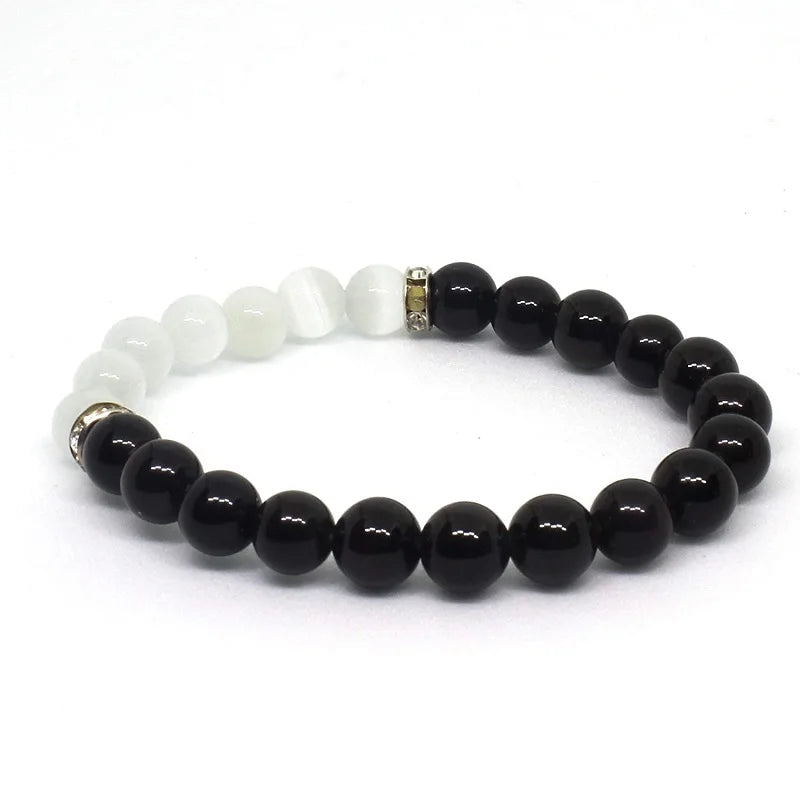 8mm Natural Black Obsidian Cat Eye Crystal Healing Selenite Agate Silver Rhinestone Spacer Beaded Ball Shape Chakra Inspired