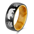 POYA 8mm Oliver Wood Liner Black Stainless Steel Ring Unisex Religious Style Laser Bear for Wedding Anniversary Party or Gift