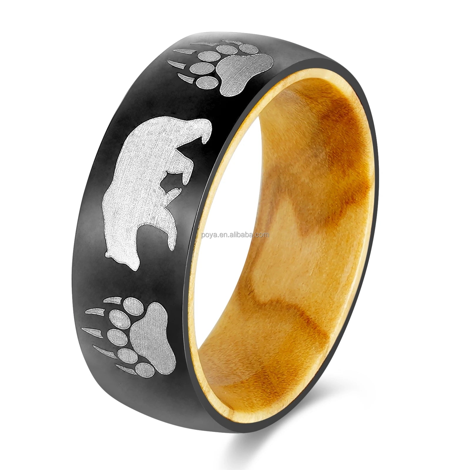 POYA 8mm Oliver Wood Liner Black Stainless Steel Ring Unisex Religious Style Laser Bear for Wedding Anniversary Party or Gift