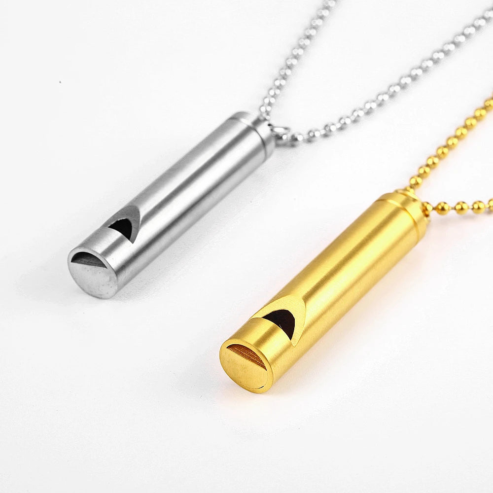Silver Gold Plated Stainless Steel Meditation Mindful Stress Relief Breathing Whistle Chain Pendant Necklace