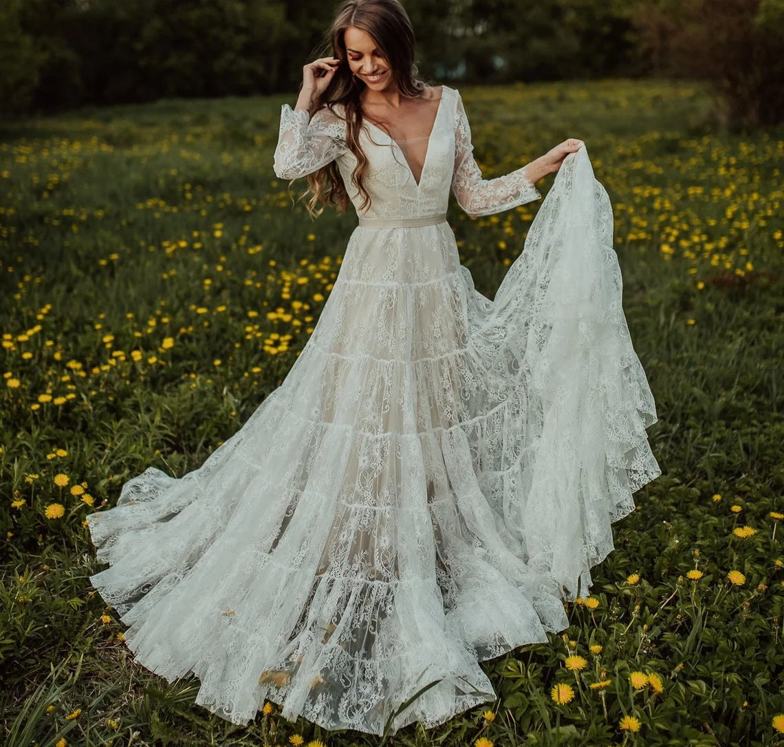 11486# Blush Lace Wedding Gown Open Back Deep V-Neck Bohemian Long Voluminous Sleeves Wedding Dress Wedding Gown Bridal Gown