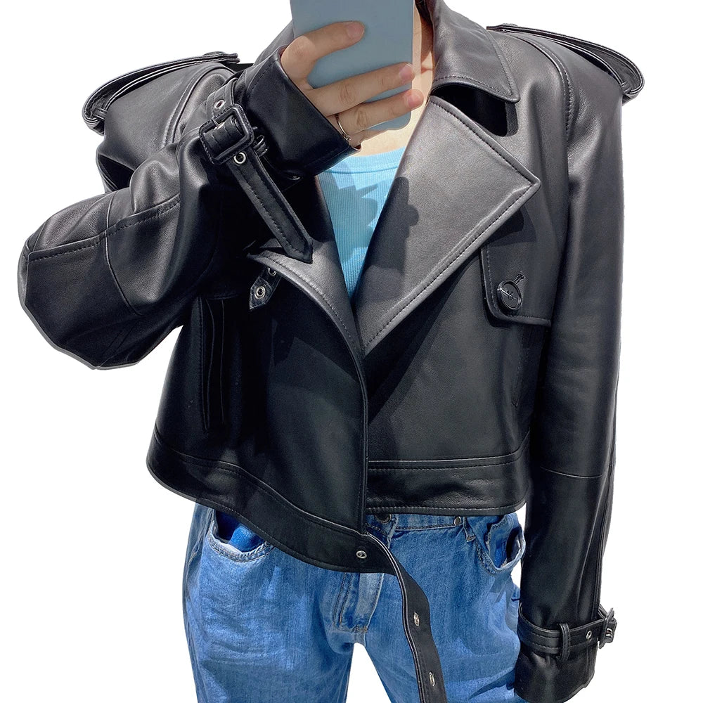 2023 Autumn New Broad Shoulder Genuine Leather Jacket Women Oversized Moto Biker Jacket Ladies