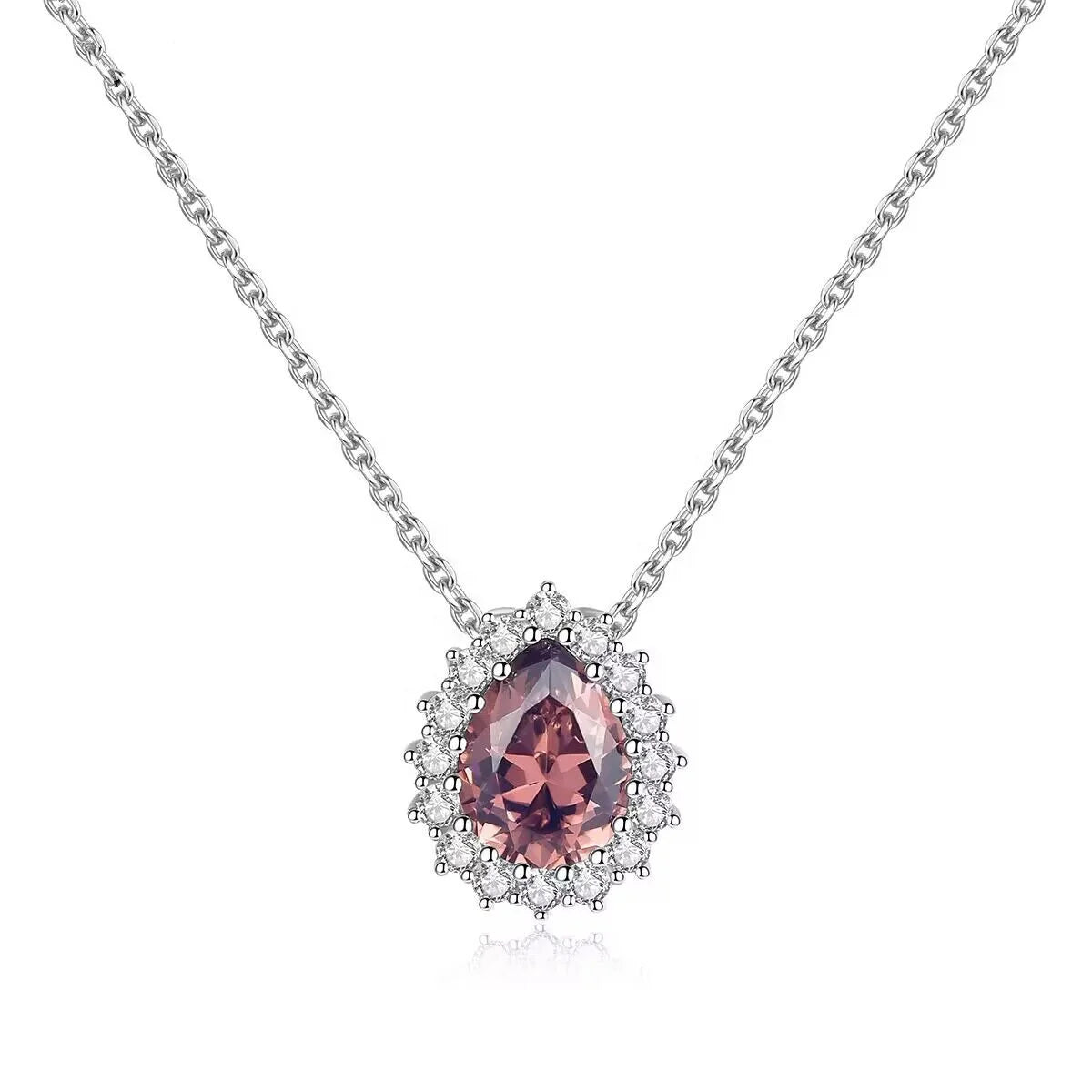 Fashion Jewelry Tear Drop Pink Gemstone 925 Sterling Silver Pendant Necklace for Women Lady Wedding Valentine Anniversary Gifts