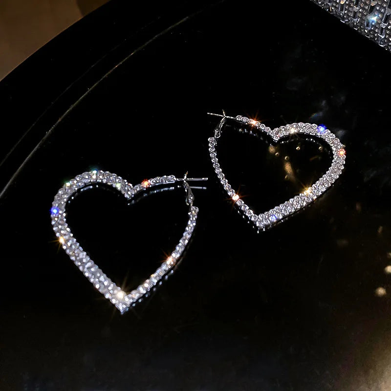 S925 Needle Statement Sparkle Bling Rhinestone Crystal Heart Earrings Iced Out 925 Sterling Silver Heart Hoop Earrings Jewelry
