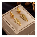 Wholesale Elegant 18K Golden Leaf Huggie Hoop Earrings 18k Pvd Gold 316L Stainless Steel Feather Hoop Drop Earrings Trendy