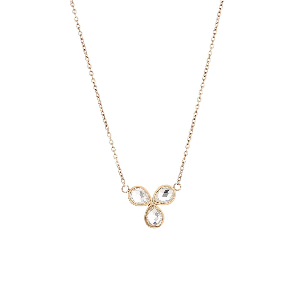 Mother's Day Gift Stainless Steel Teardrop Clover Crystal Rhinestone Pendant Necklace Gold Plated Trendy Link Chain Fashion