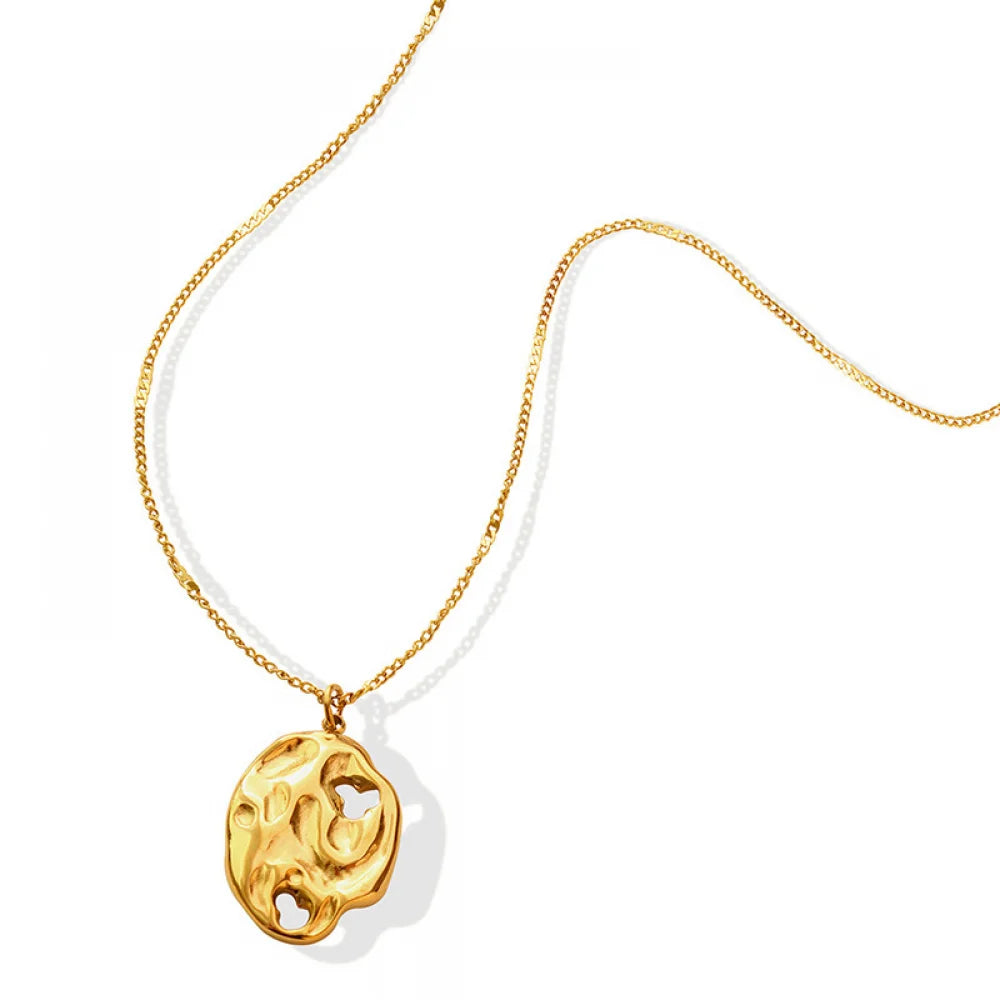 Fashion Vintage Women 18K Gold Plated Hollow Irregular Hammered Pendant Stainless Steel Necklace