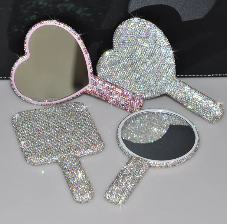 Private Label Cute Travel Mini Hand Luxury Shiny Diamond Rhinestone Makeup Mirror Heart Bling Diamond Cosmetic Mirror