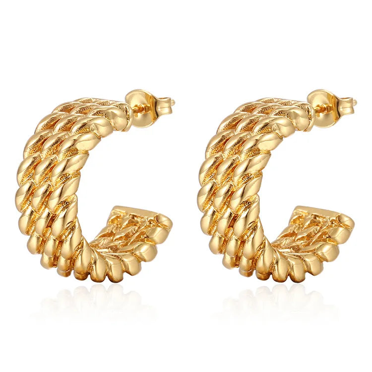 New 18k Gold Plated Unique Hypoallergenic Stainless Steel Herringbone Net Design Casting Craft Fine Earrings for Women