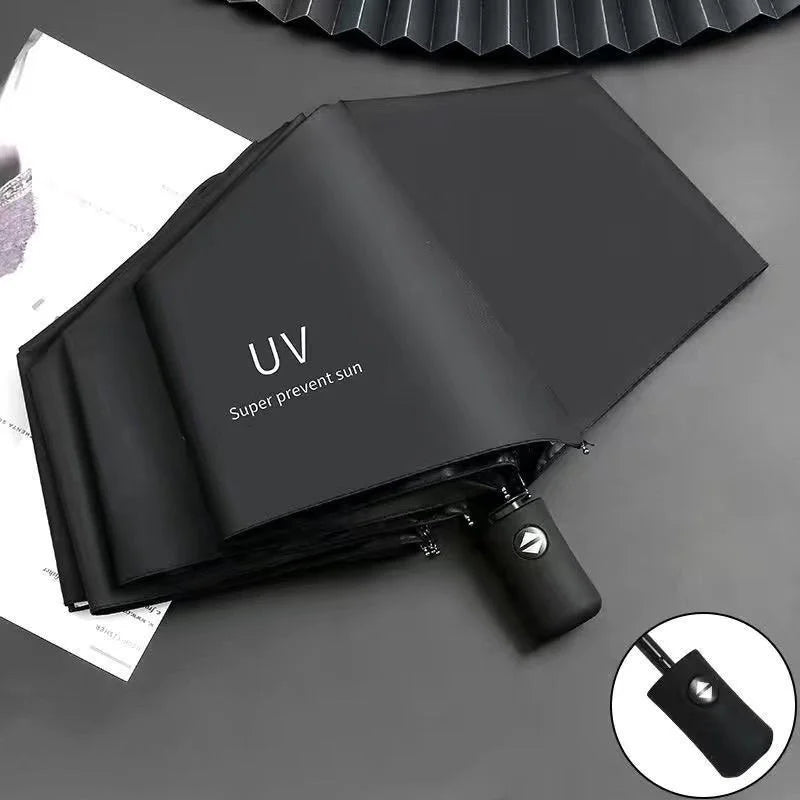 Automatic Folding UV Windproof 190T Pongee Umbrella Custom Logo 3-Fold Compact Travel Classic Design Fiberglass Frame Adults