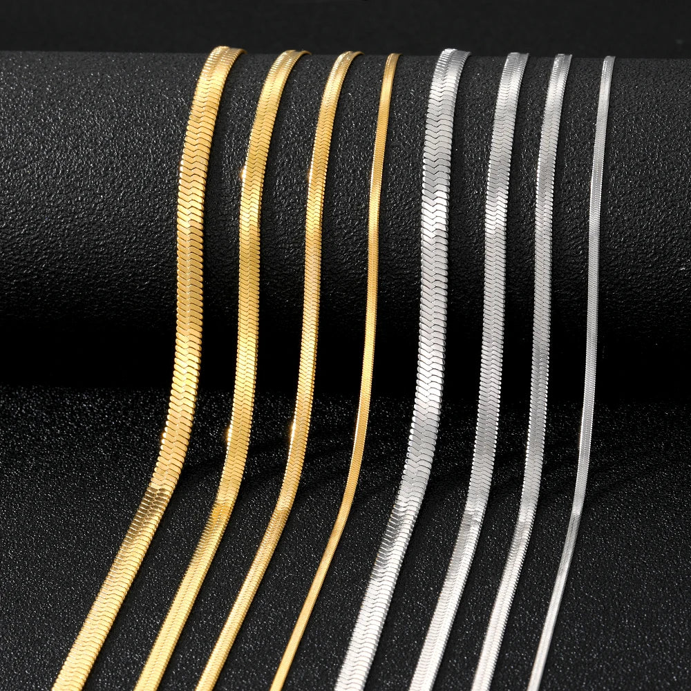 KISSWIFE Minimalist Jewelry Herringbone Necklace Gold Choker Stainless Steel Flat Snake Chain Necklace for Women