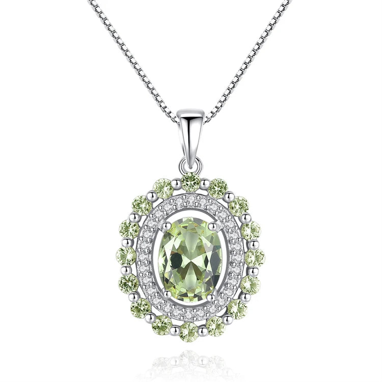 Luxury Fine Jewelry Oval Shape Olive Emerald Gemstone Pendant 925 Sterling Silver Stone Zircons Necklace for Women