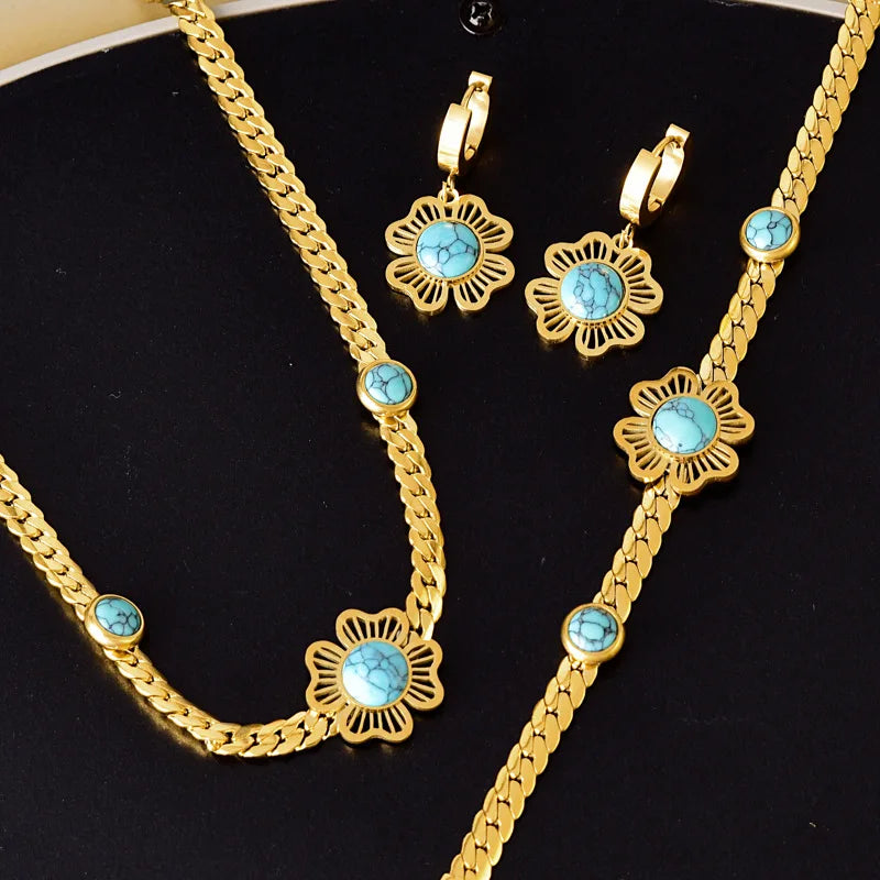 2024 New 3pcs Turquoise Flower Stainless Steel Jewelry Set Necklace Earrings Bracelet 18k Gold Plated Tarnish Free Set Women