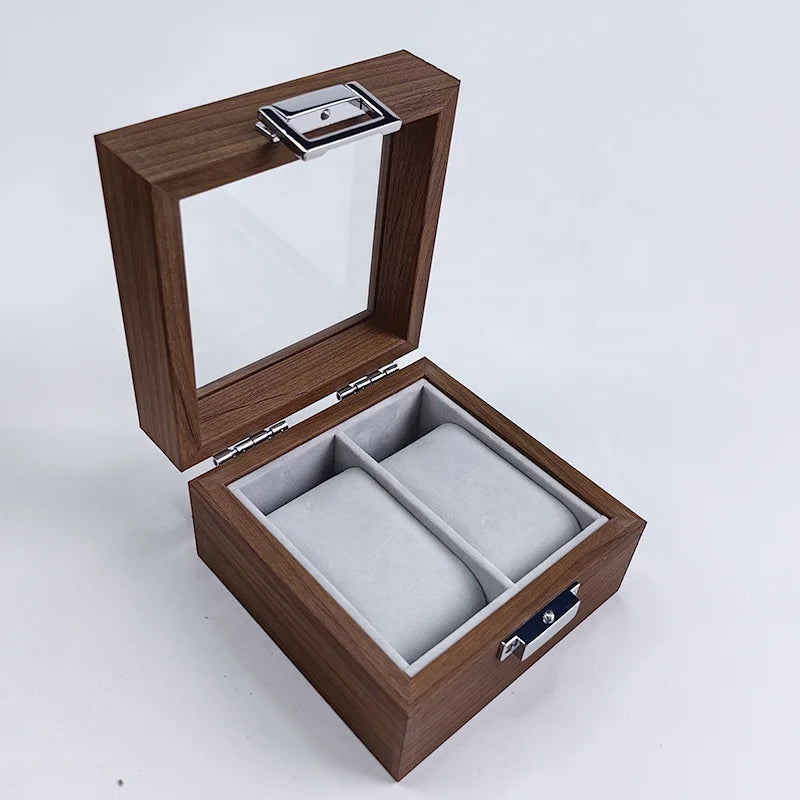 Vintage Brown Walnut Wood 2-Slot Watch Organizer Display Box with Gray Lining and Soft Velvet 120x120x75mm OEM/ODM Available