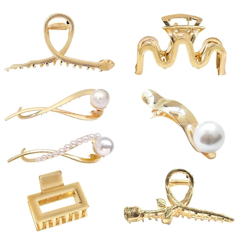 Fashion Large Hair Claw Clip Zig Zag Clamp Duckbill Pearl Small Square Alloy Metal Pearl Twist Clip Rose Flower Snake Hair Claws