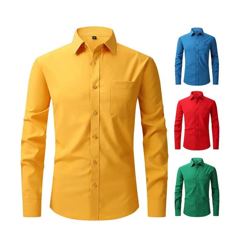 RNSHANGER Solid Color Men's Long-sleeved Shirt Spring Single-breasted Square Collar Shirts New Regular Fit Formal Wedding  Shirt