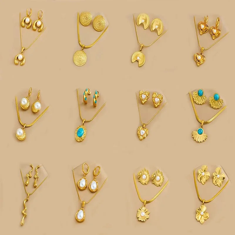 Vintage Gold Plated Turquoise Pearl Jewelry Set Heart Fan Shaped Pendant Earrings Necklace Hypoallergenic Gift for Women