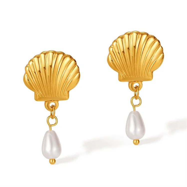 Dainty Elegant Women Charm Gold Plated Stainless Steel Pearl Pendant Shell Stud Earring