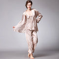 Luxury Ice Silk Women Pajamas Ladies Spring Summer Long Robe Printed 3-pcs Set Home Wear Wholesale Manufacturers