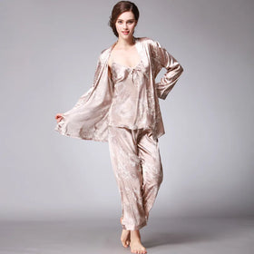 Luxury Ice Silk Women Pajamas Ladies Spring Summer Long Robe Printed 3-pcs Set Home Wear Wholesale Manufacturers