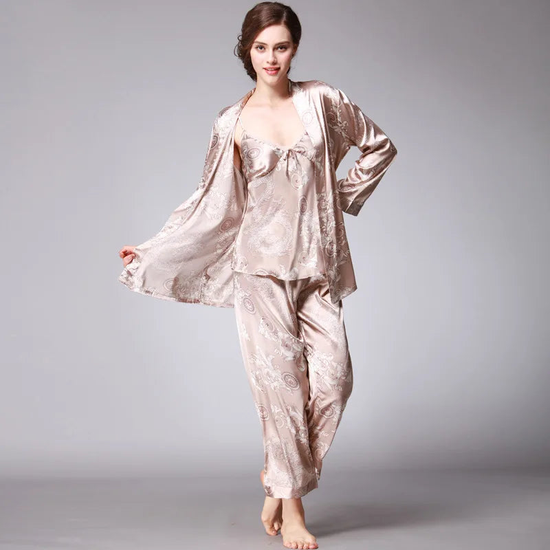 Luxury Ice Silk Women Pajamas Ladies Spring Summer Long Robe Printed 3-pcs Set Home Wear Wholesale Manufacturers
