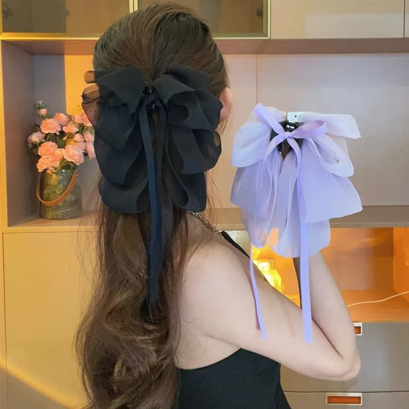 Korean Ribbon Back Head Hairpin Fashion Head Ornament Hair Claw Catch Clips Chiffon Large Bow Shark Clip