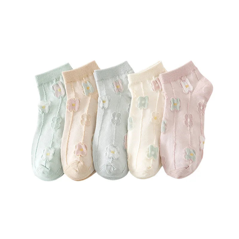Women's Anti-Slip Macaron Color Korean Cotton Tube Socks New Three-Dimensional Flower Design for Spring and Summer
