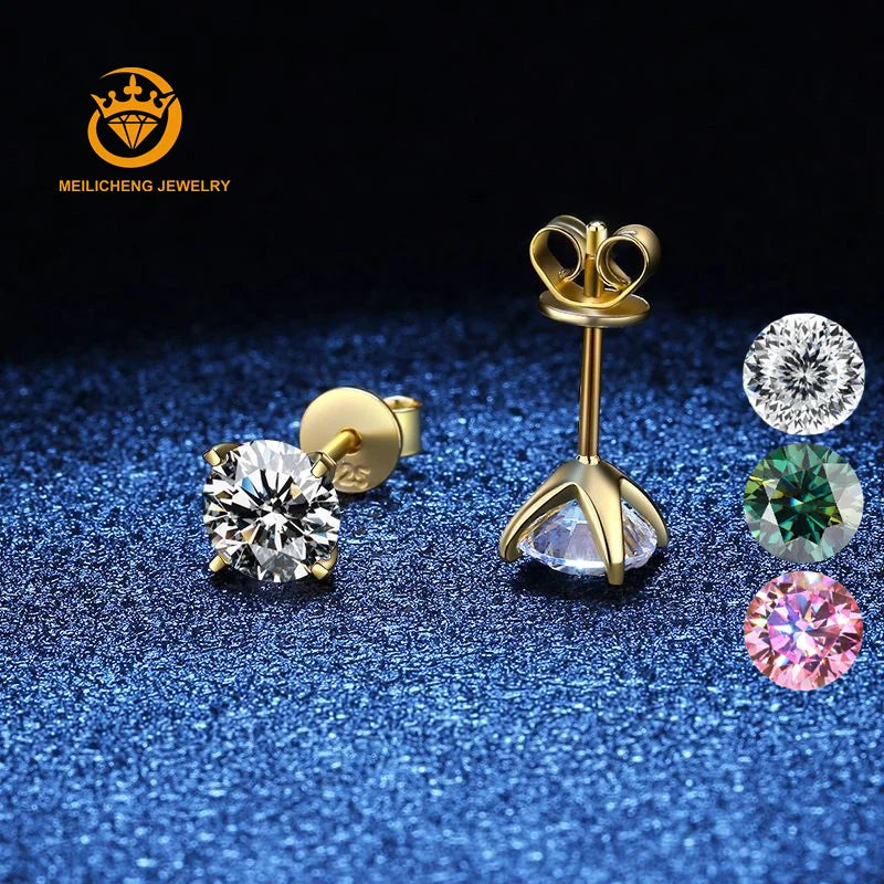 Real D Color VVS Moissanite Stud Earrings 14K Yellow Gold Plated 925 Sterling Silver Moissanite Wedding Earrings