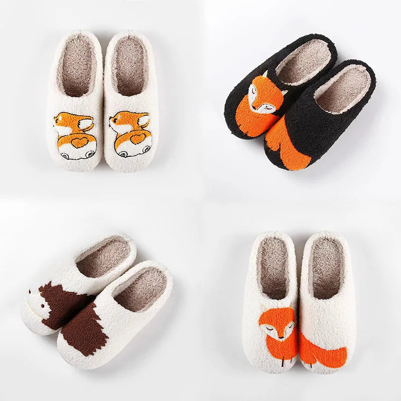 Wholesales Fuzzy slippers Women Custom fox Hedgehog Hotdog Animal Print Unisex Home Soft Non-slip Pvc Fashion Fur slippers