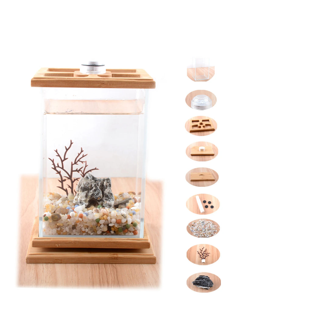 Desktop Decorate Rotating square Aquariums Creative Bamboo Wood Ecological Fish Tank