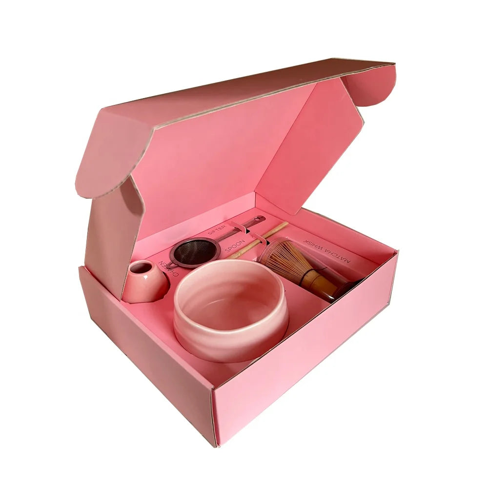 Girl's Favorite Pink Gift Matcha Set With Box Bamboo Chasen Whisk Ceramic Matcha Bowl and Matcha Scoop Customizable