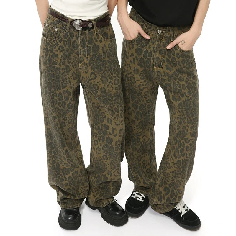 Rainbow Spray Streetwear Supplier Hot Sale High Street Jeans Pants Leopard Print Hip Hop Retro Loose Straight Jeans for Men