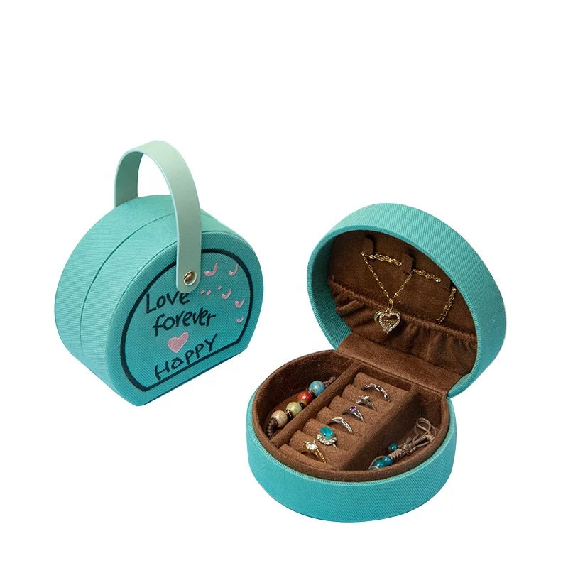 Cute Portable Embroidery Snap Case Ring Necklace Bracelet Storage Mini Hinge Cowwhide Fabric Canvas Travel Jewelry Packing Box