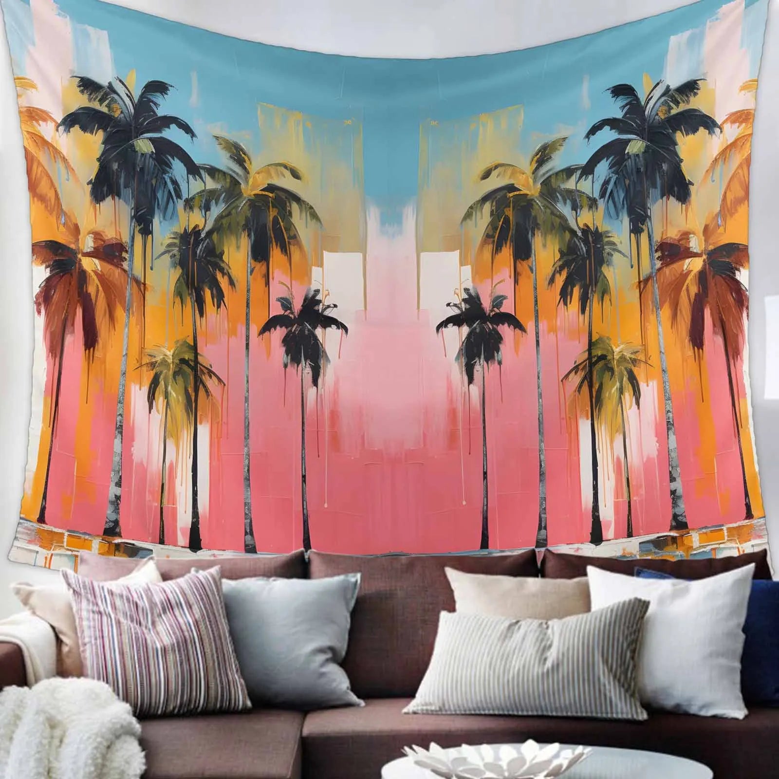 Sunset Tropical Beach with Palm Trees Peaceful Ocean Evening View Resort Fabric Wall Hanging Decor for Bedroom Living Room Dorm