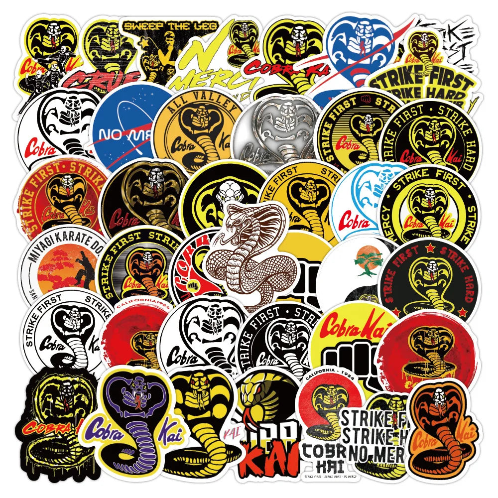 50PCS TV Show Not Repeat Cobra Kai Sticker Strike First No Mercy Cool Snake Round Sticker