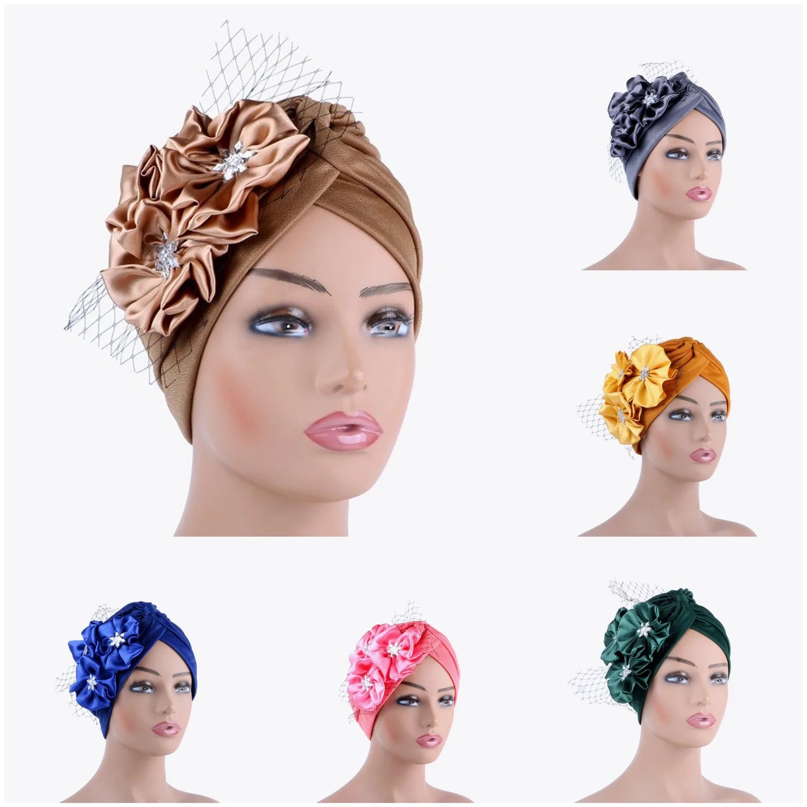 Elegant Women Flowers Turban Bonnet Muslim Head Scarf Hats Party Headwear African Head Tie Nigeria Female Top Hat Wedding 50%