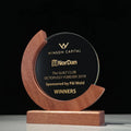 New Hot Personalized Creative Solid Wood Base Trophy Half Moon Design Glass Crystal Trophy