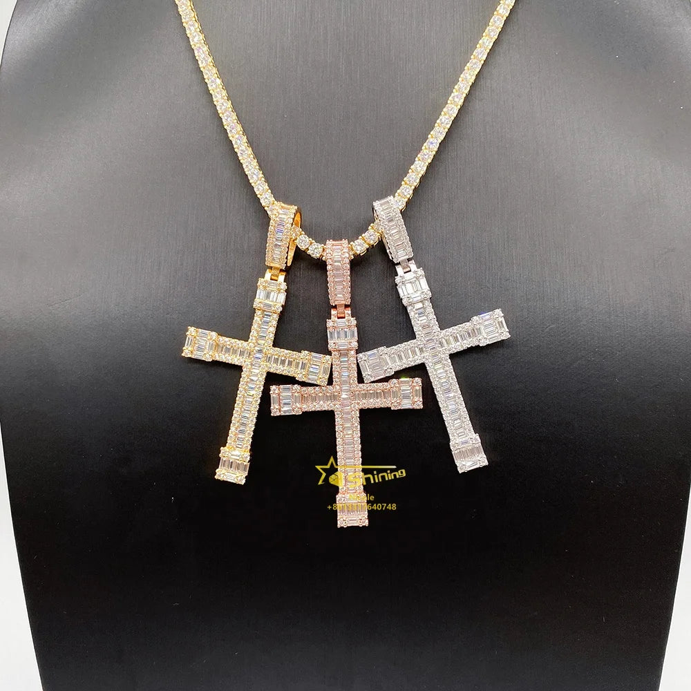 Ready to Ship 925 Sterling Silver Buguette Moissanite Iced Out Necklaces Mens Gold Plated Cross Pendant
