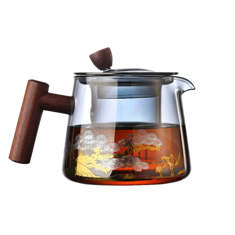 2023 New High  Borosilicate  Wholesale Heat Resistant Tea Pot With Glass Tea Infuser and Wooden Handle