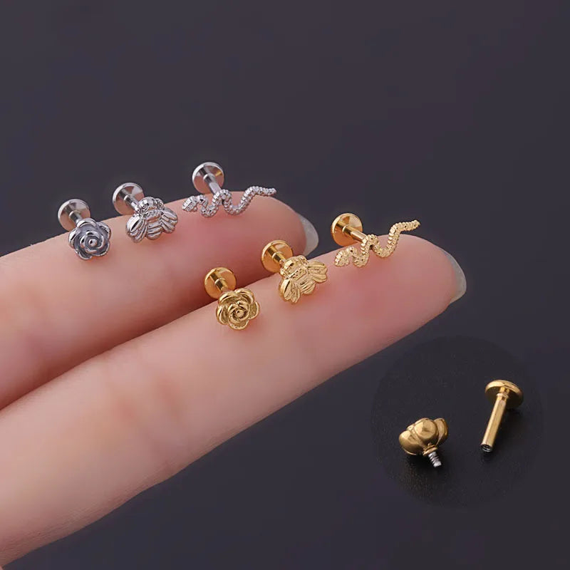 Flower Snake Bee Shape Internal Thread Lip Stud Stainless Steel Piercing Gold Stud Earrings Jewelry
