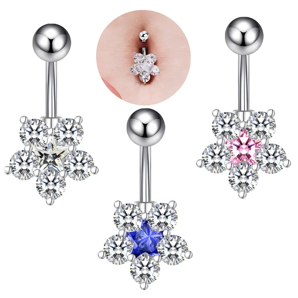 Korean Style Zircon Flower Belly Button Ring Factory Wholesale Fashion Body Piercing Jewelry Crystal Navel Rings