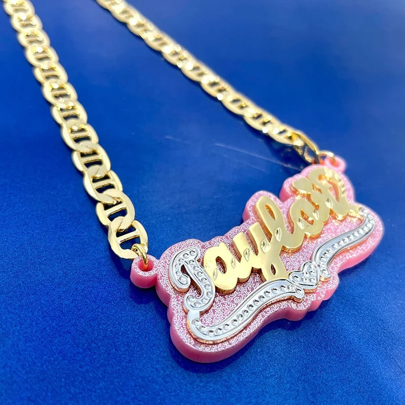 2023 New Dainty Pink Gold Chain Double Plated Women Customized Acrylic Pendant Jewelry Double Nameplate Custom Names Necklaces