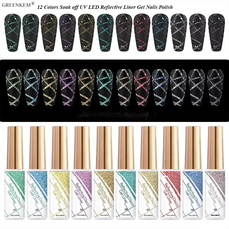 GREENKEM 12ml High Shiny Disco Liner Gel 12 Colors Glitter Diamonds Soak off UV LED Fashion Reflective Gel Nails Polish Liner