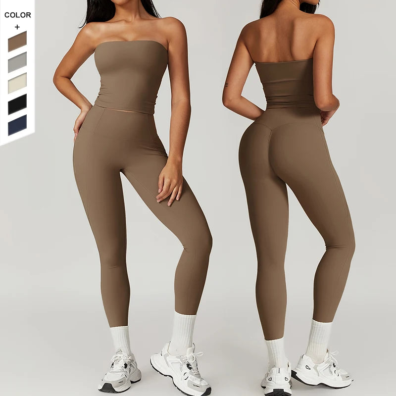 Wholesale Four-dimensional Elastic Suit Slimming Strapless Pleated Peach Leggings Running Workout Set